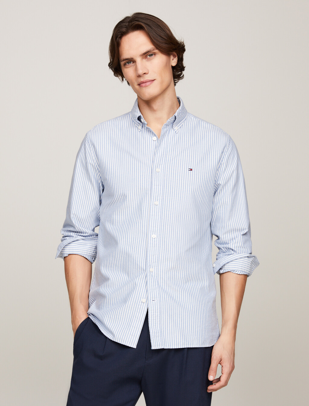Heritage條紋標準版型牛津襯衫, Shirt Blue / White, hi-res