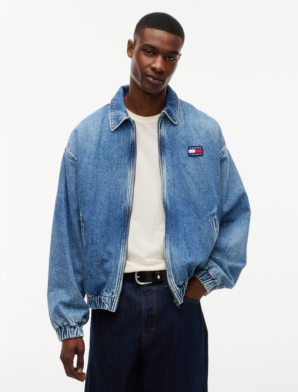 褪色牛仔寬鬆哈靈頓外套, Denim Medium, hi-res