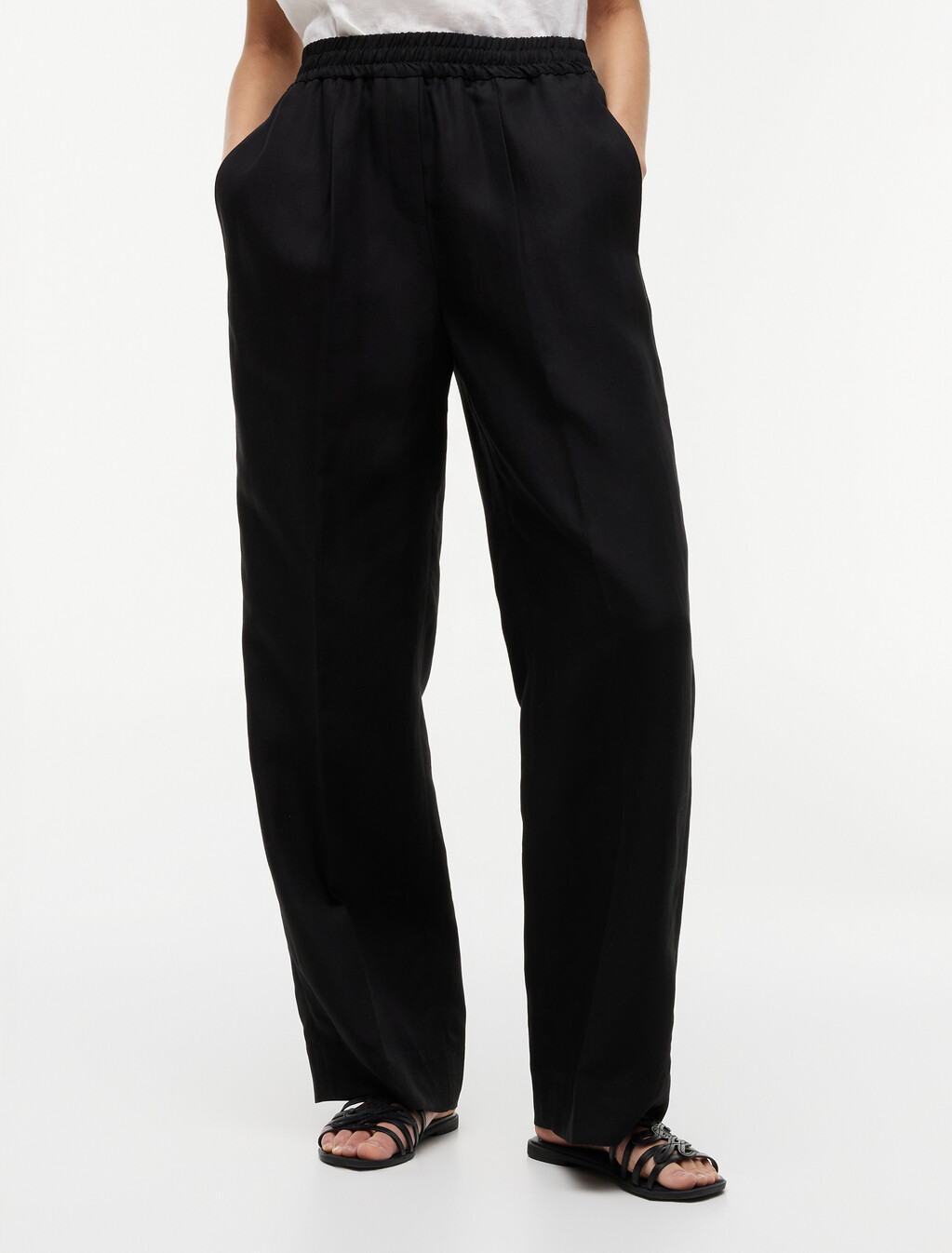 亞麻寬鬆直筒長褲, Black, hi-res
