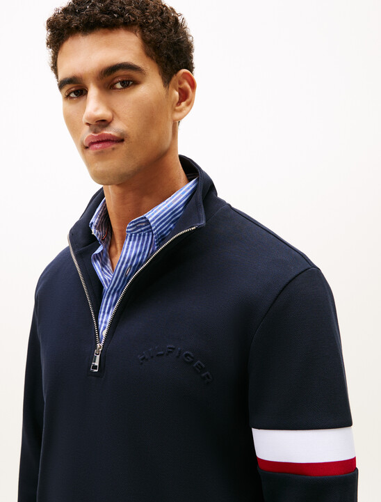 Half Zip Stripe Insert Cotton Pique Sweatshirt