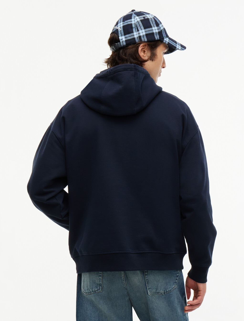 水洗旗幟標誌抓絨寬版連帽運動衫, Navy Blue, hi-res