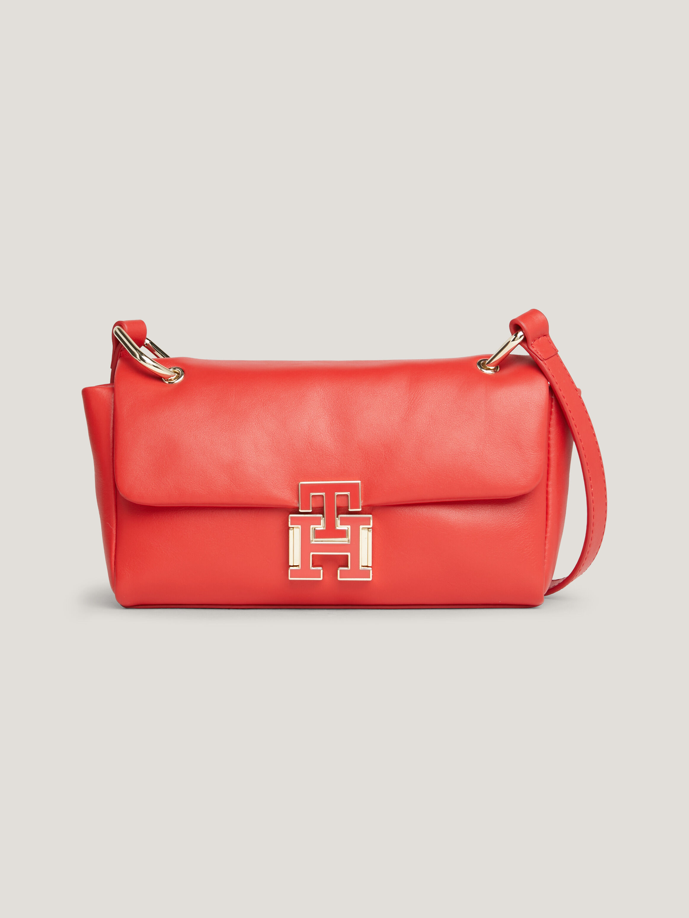 Leather Push Lock Flap Crossover Bag Fierce Red