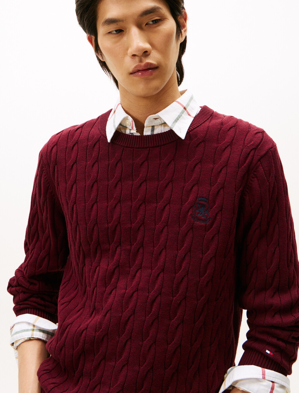 Cable Knit Crest Sweater, Deep Burgundy Heather, hi-res