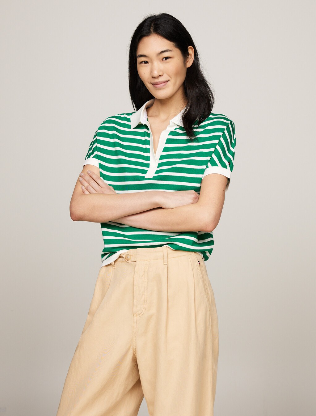 寬鬆萊賽爾條紋 Polo 衫, Breton Ecru/Olympic Green, hi-res