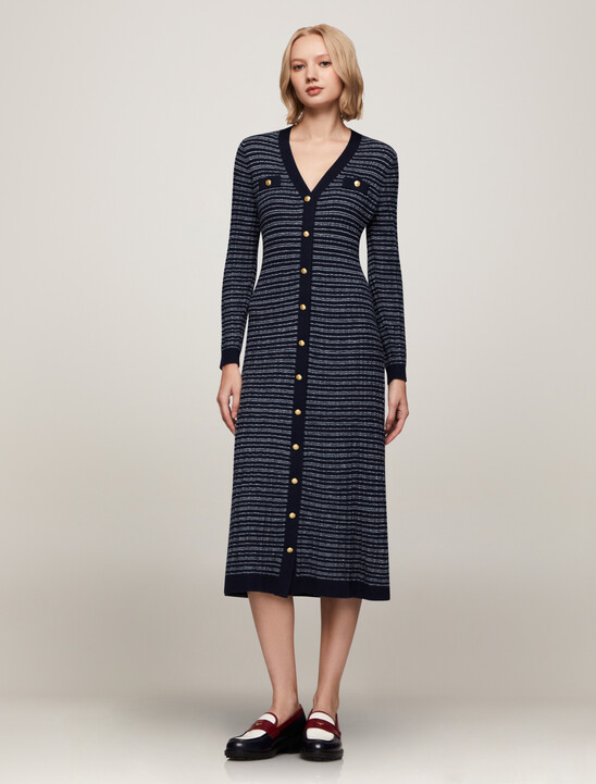 Textured V Neck Knit Sweater Dress