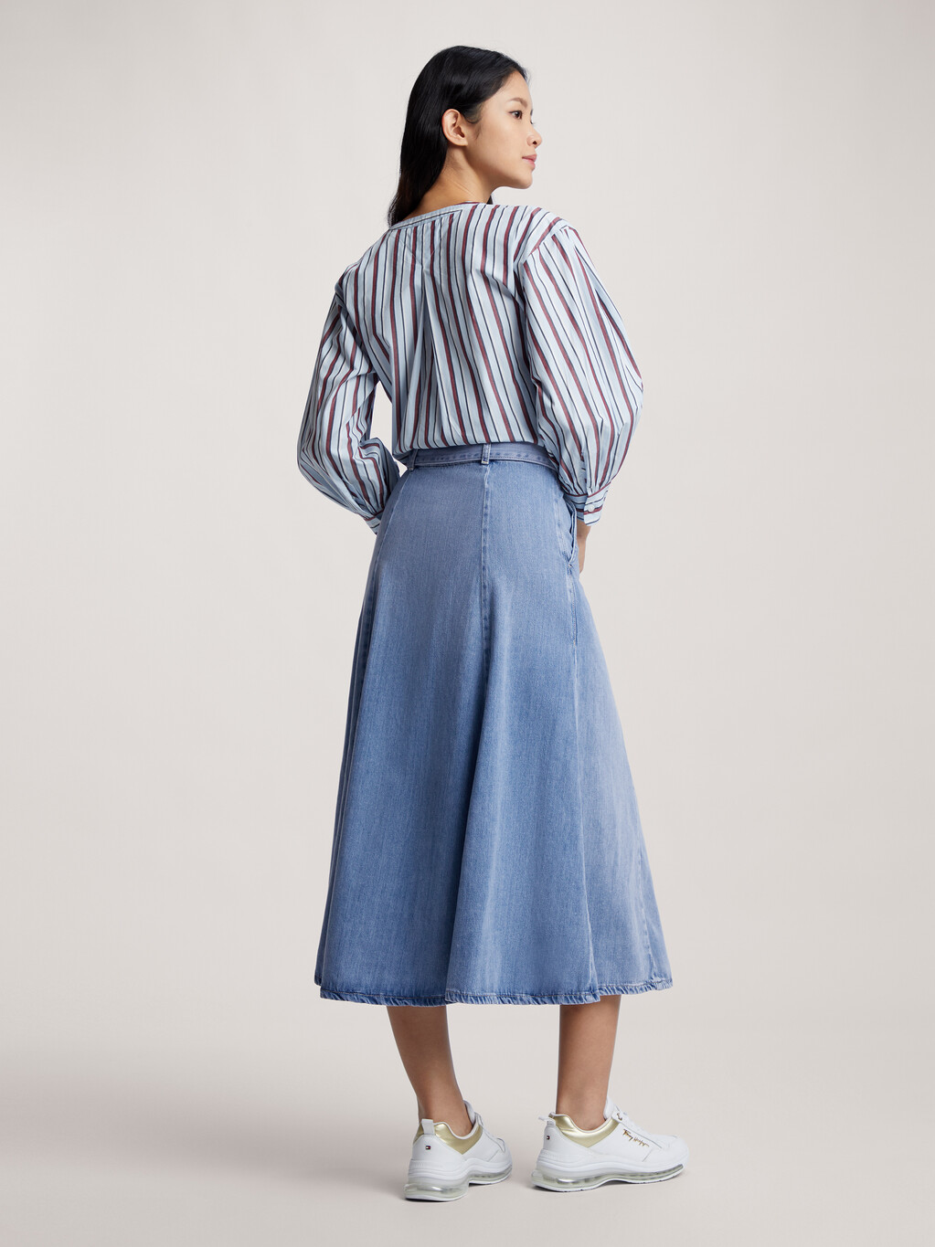 Belted Fit And Flare Denim Midi Skirt, Ava, hi-res