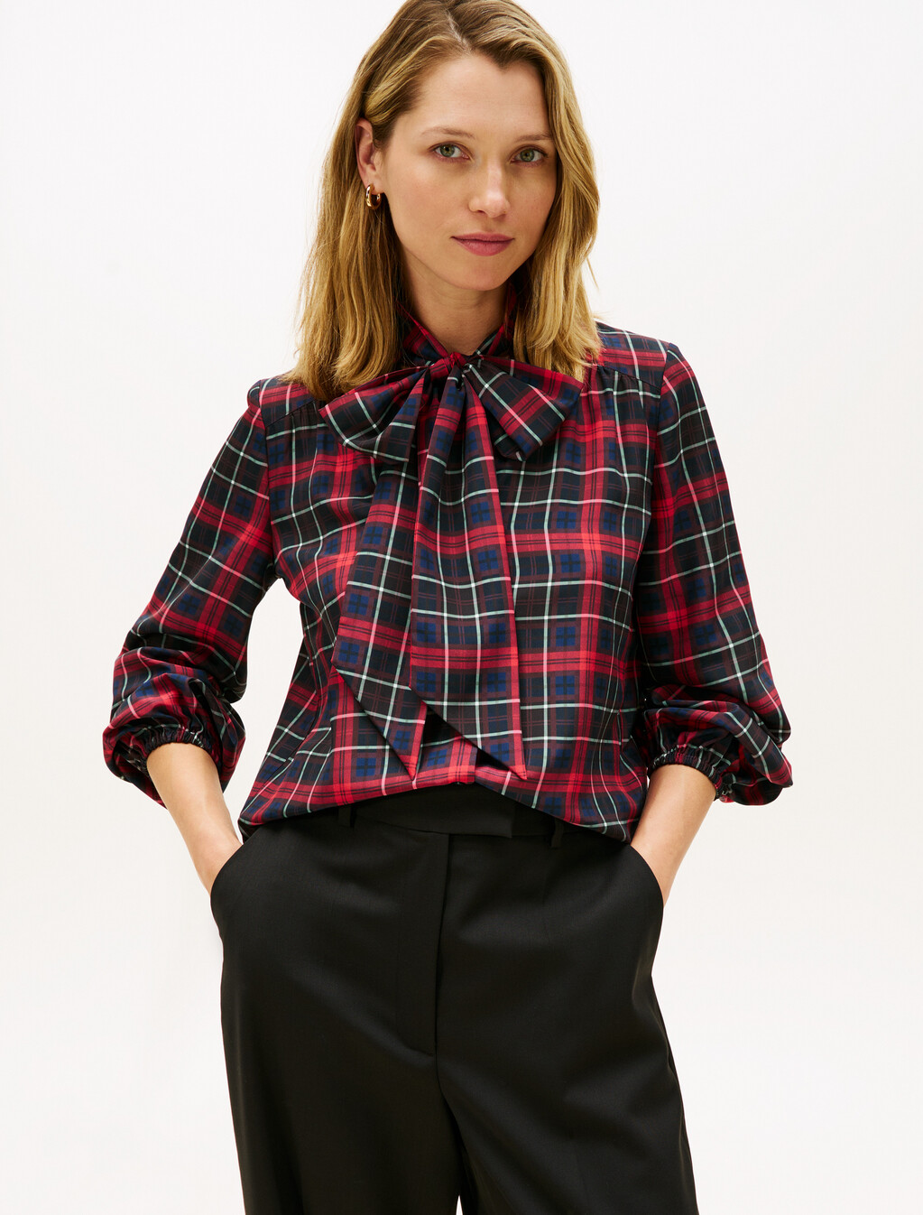 格紋縐紗蝴蝶結領襯衫, Dark Tartan Dark Night Navy, hi-res