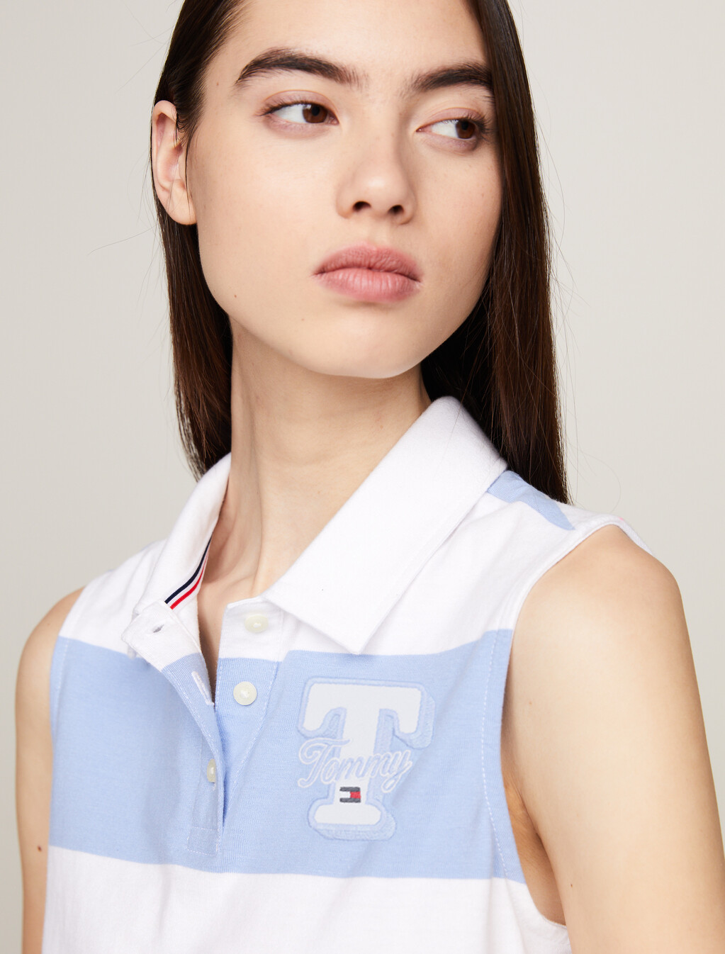 Stripe Sleeveless Cropped Letterman Polo, Moderate Blue / Stripe, hi-res