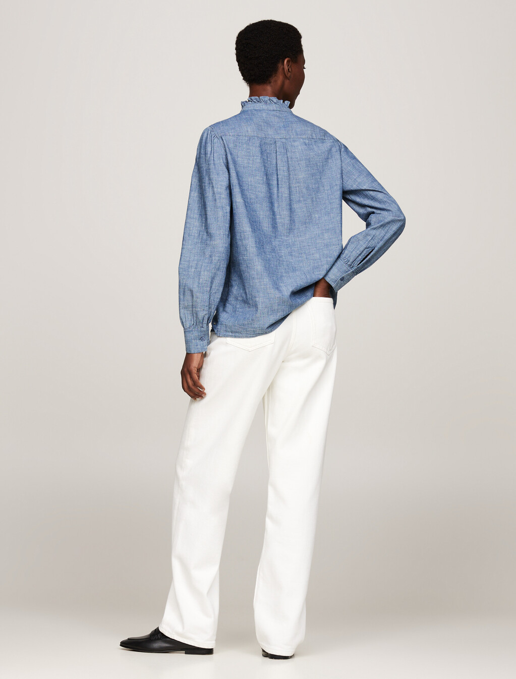 Ruffle Relaxed Chambray Shirt, Mid Blue Chambray, hi-res