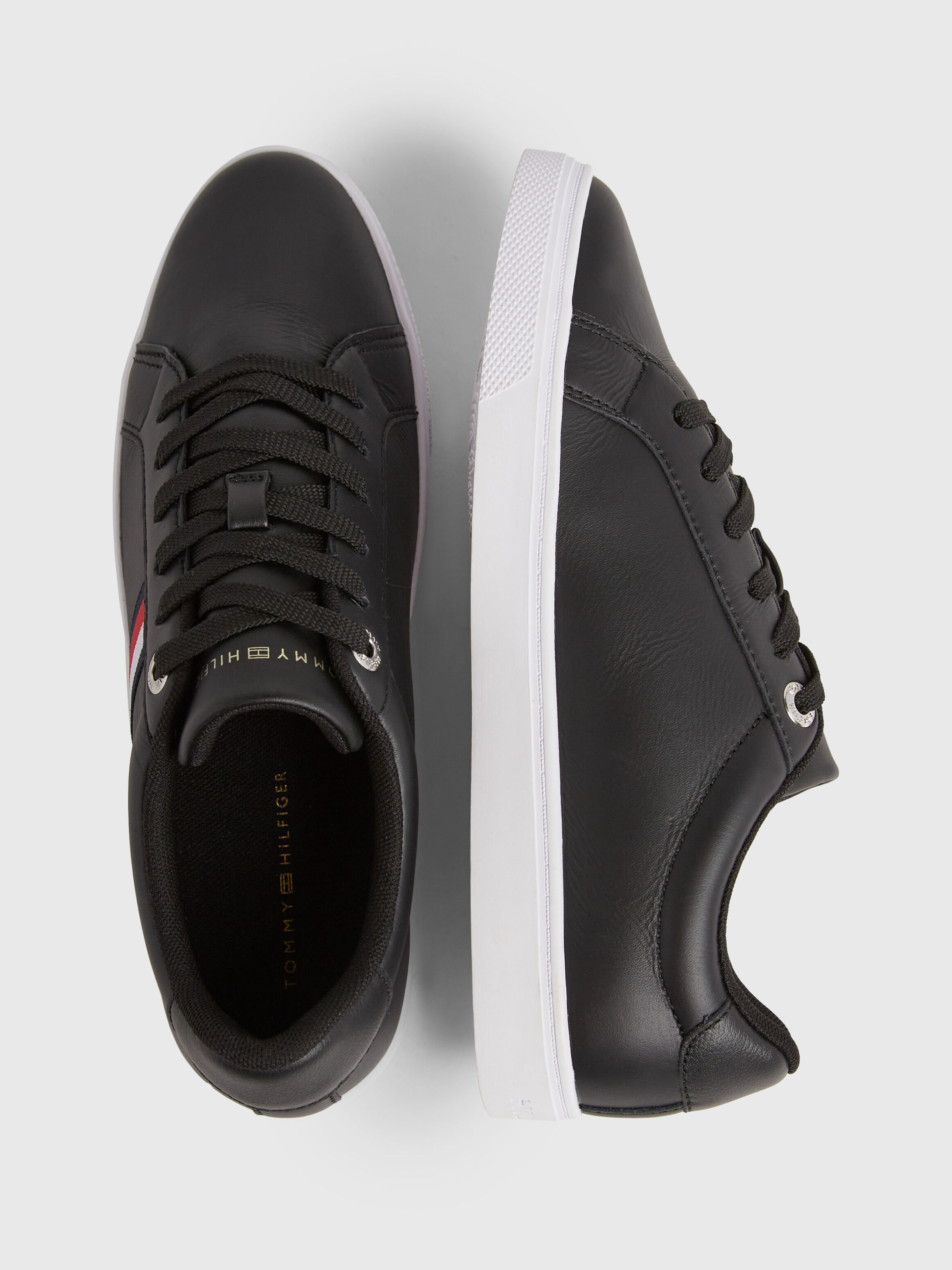 Tommy hilfiger black leather trainers on sale