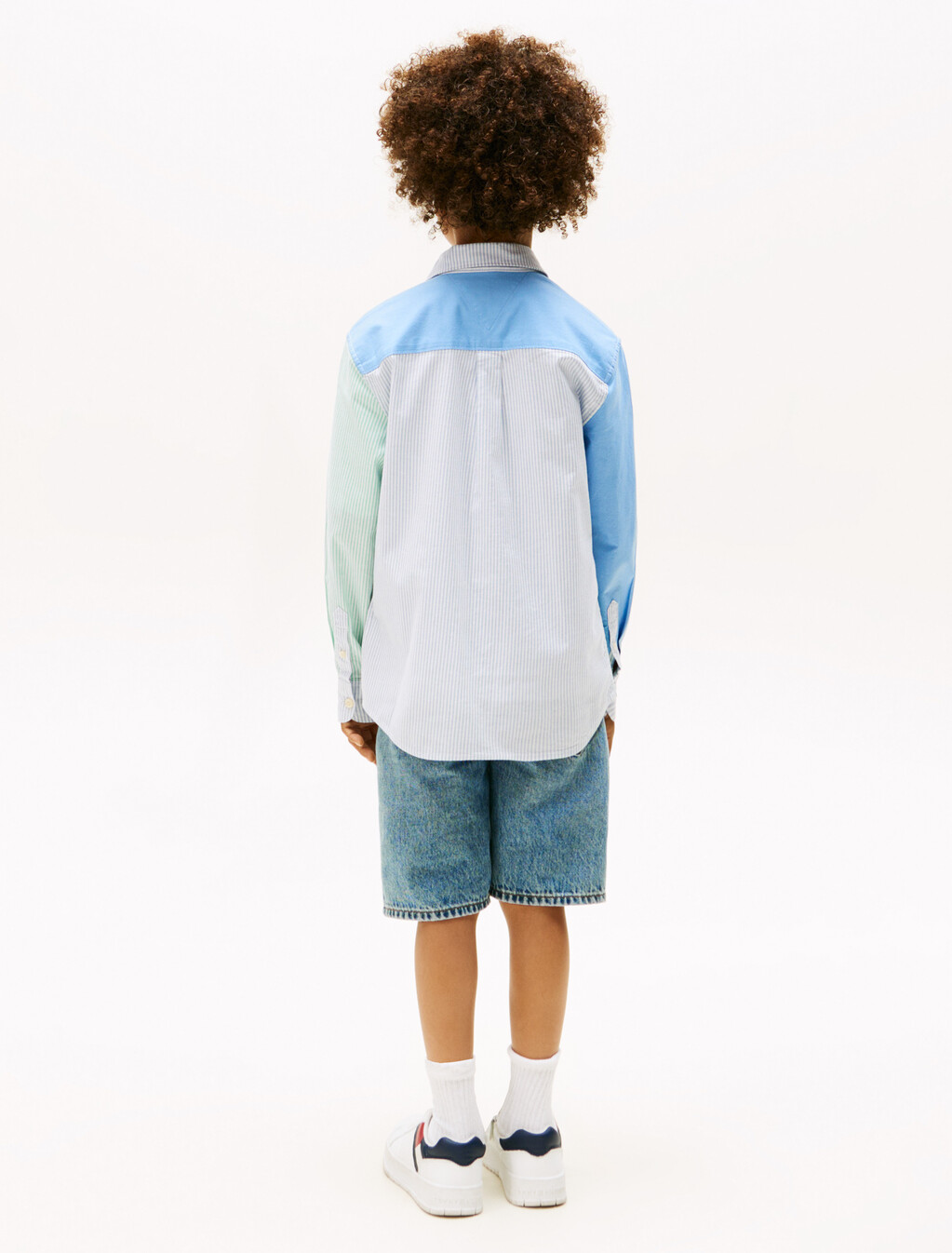 男童裝條紋拼色牛津襯衫, Cloudy Blue Colourblock, hi-res