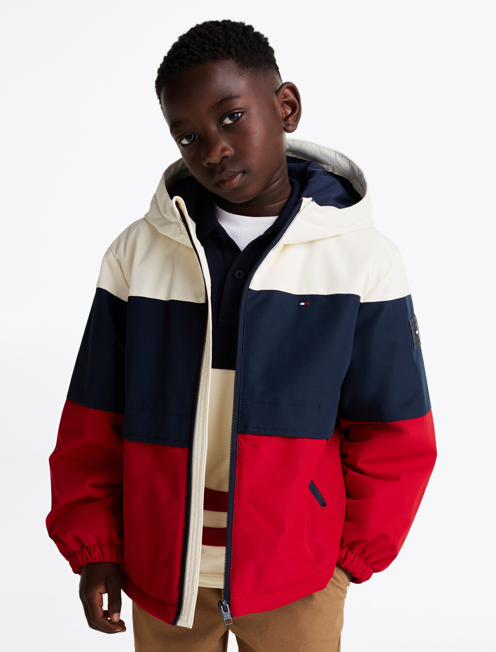 拼色鋪棉連帽外套, Dark Night Navy Calico Medium Red, hi-res