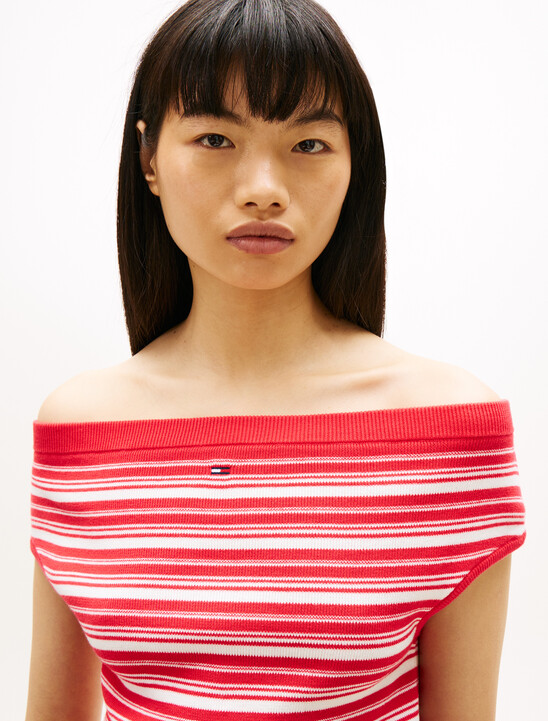 Stripe Off-The-Shoulder Slim Jumper
