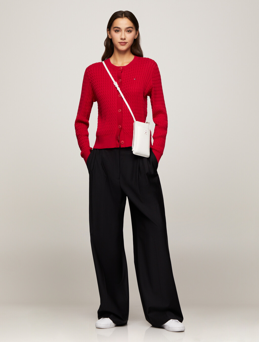 Cable Knit Crew Neck Cardigan, Primary Red, hi-res