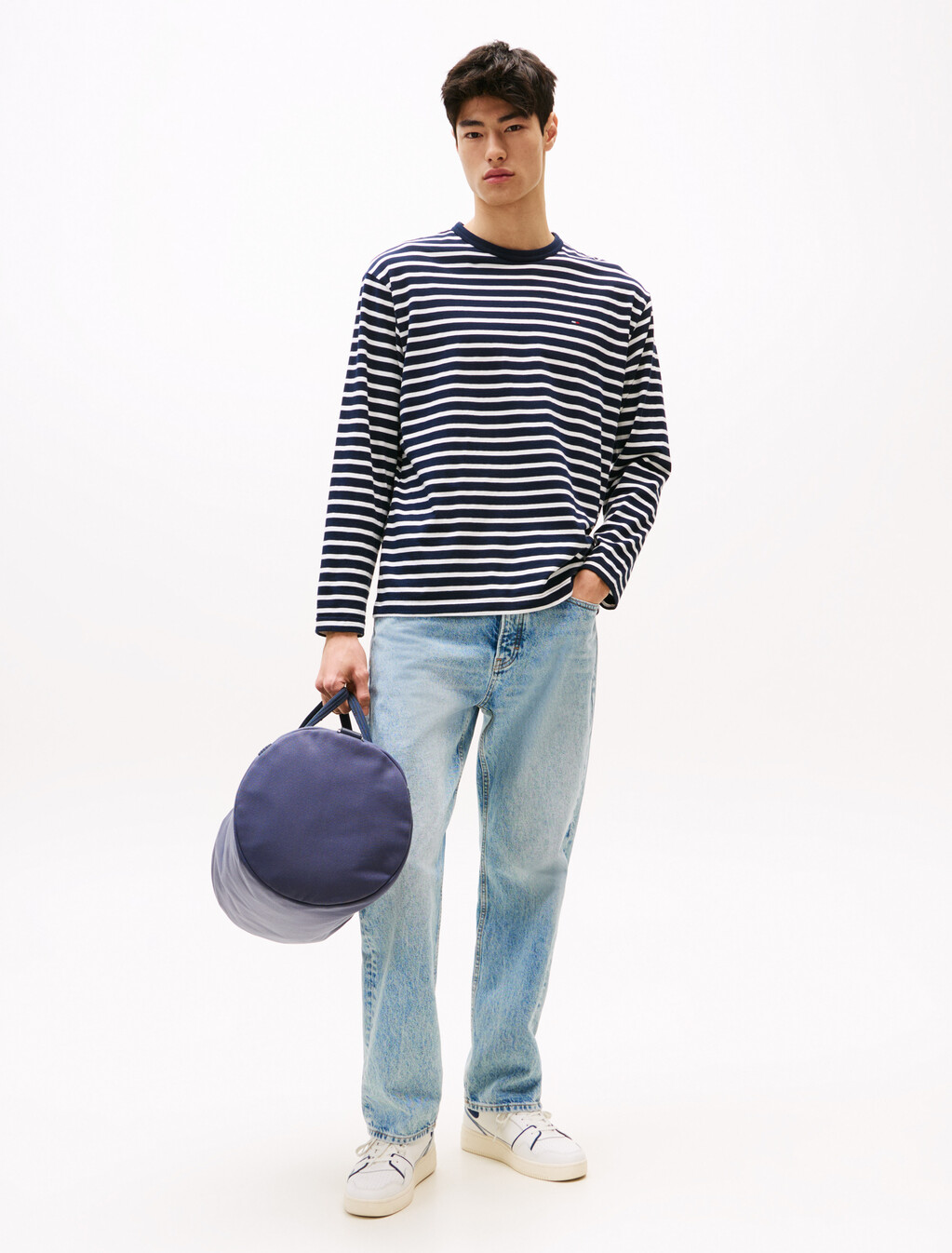 法式水手條紋修身長袖 T 恤, Dark Night Navy Stripe, hi-res