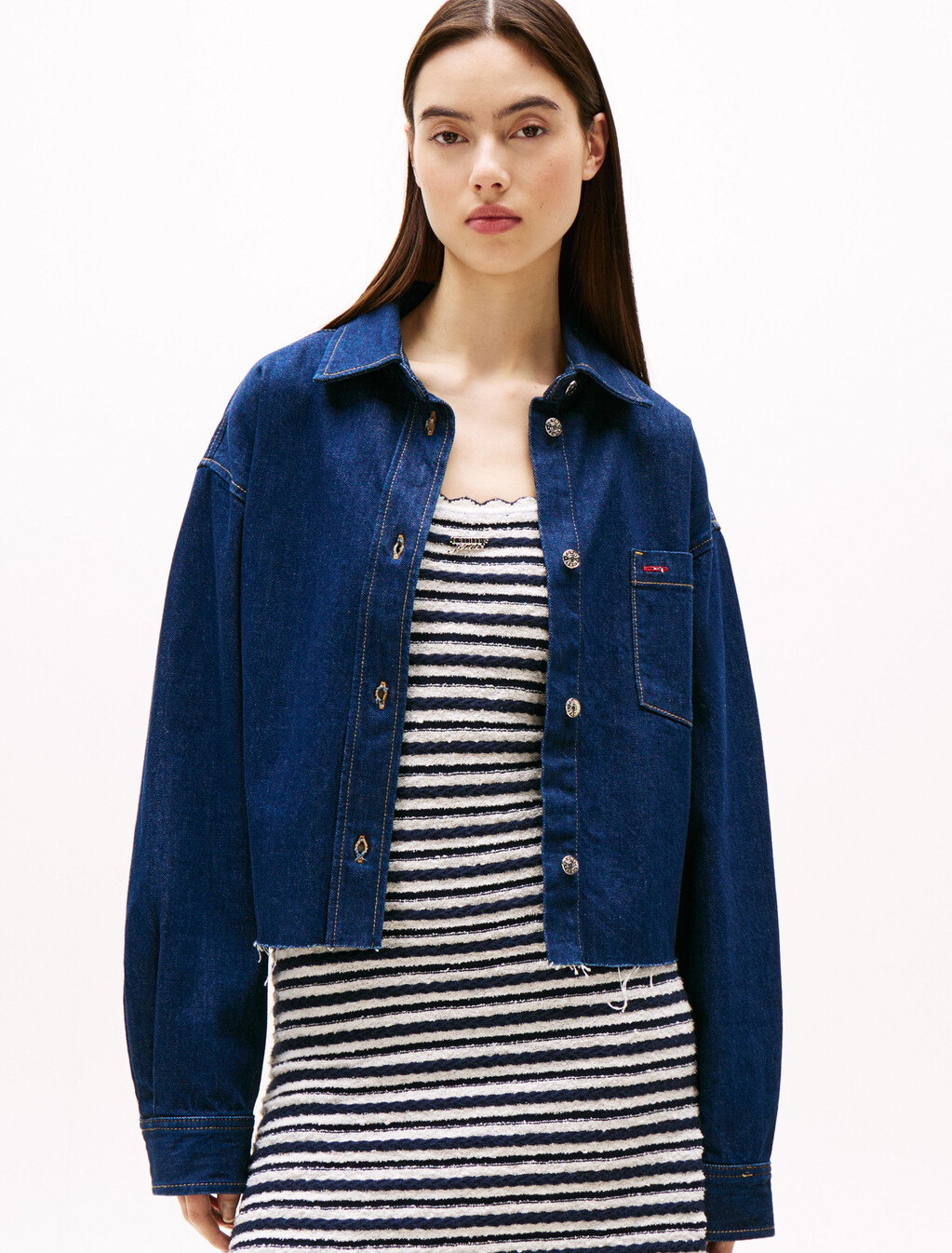 Cropped Denim Shirt Jacket, Denim Dark, hi-res