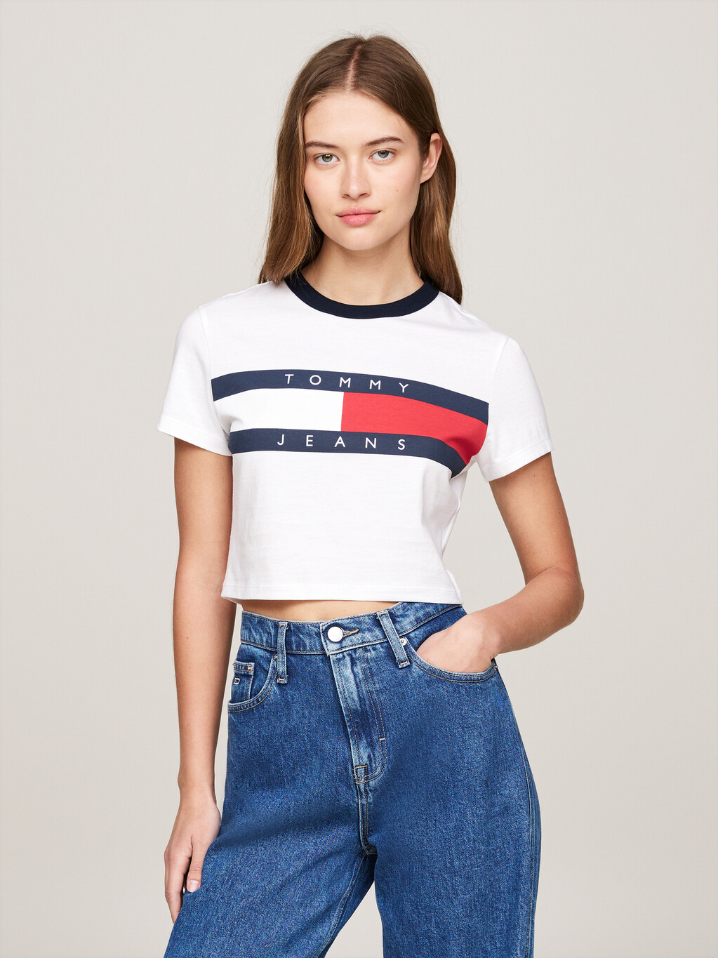 Cropped Slim T-Shirt, White, hi-res