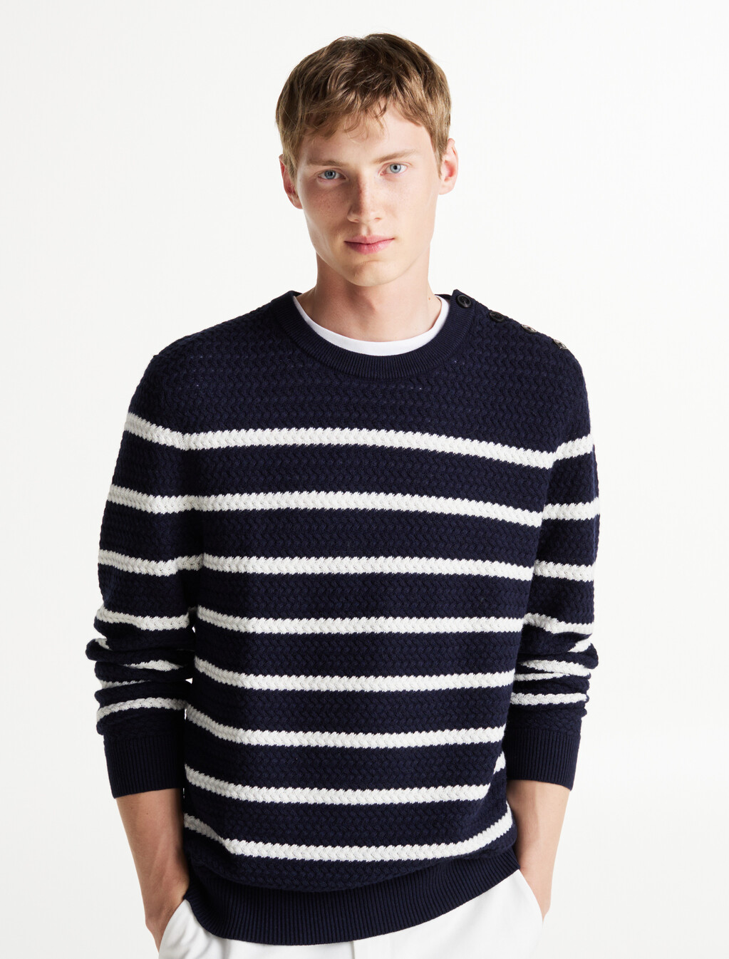 Smart Casual Stripe Wool Blend Jumper, Desert Sky/ Ivory, hi-res