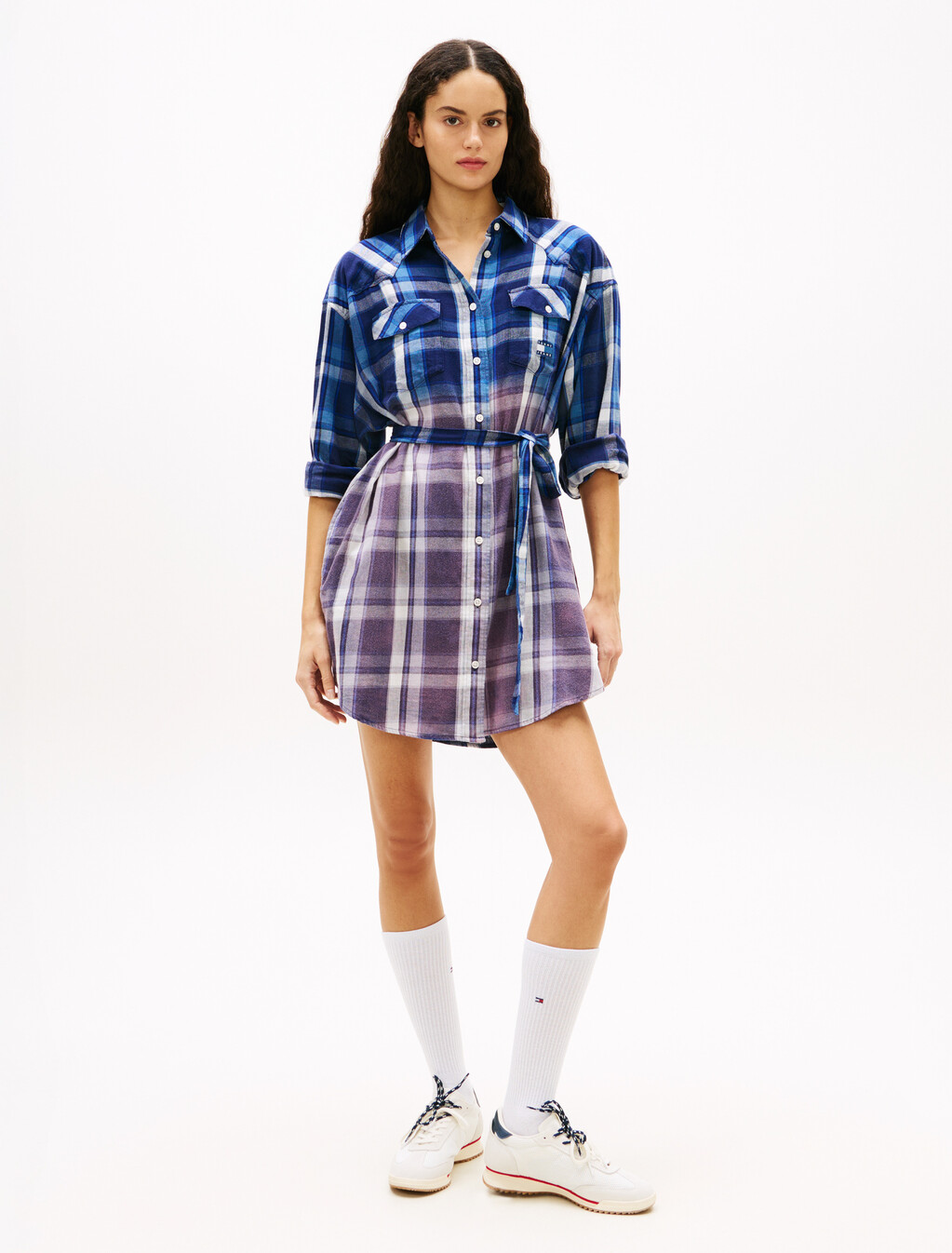 Flannel Check Belted Mini Shirt Dress, Blue Check, hi-res