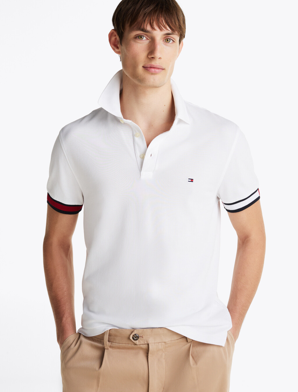 旗幟袖口修身 Polo 衫, White, hi-res