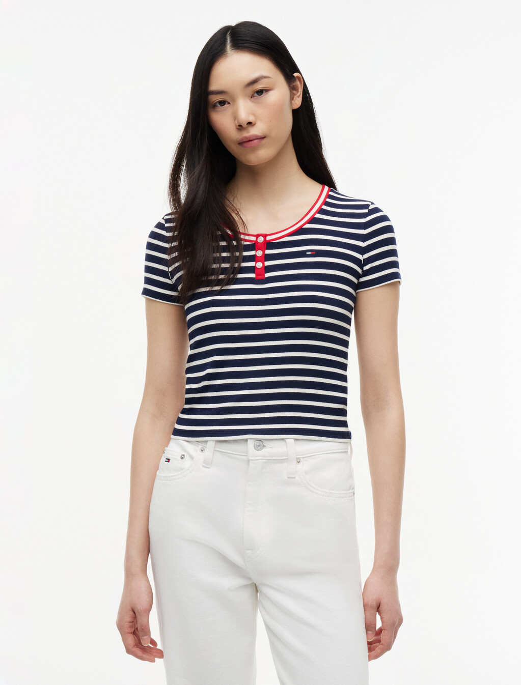 修身亨利領 T 恤, Navy / Stripe, hi-res