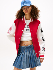 Tommy Girl 後背標誌超寬鬆棒球外套, Primary Red / Ecru, hi-res