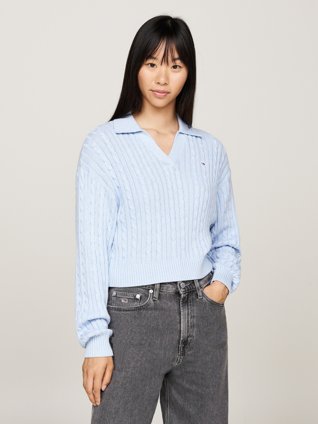 Rugby Collar Cable Knit Boxy Jumper, Vessel Blue Melange, hi-res