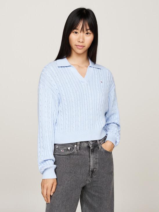 Rugby Collar Cable Knit Boxy Jumper