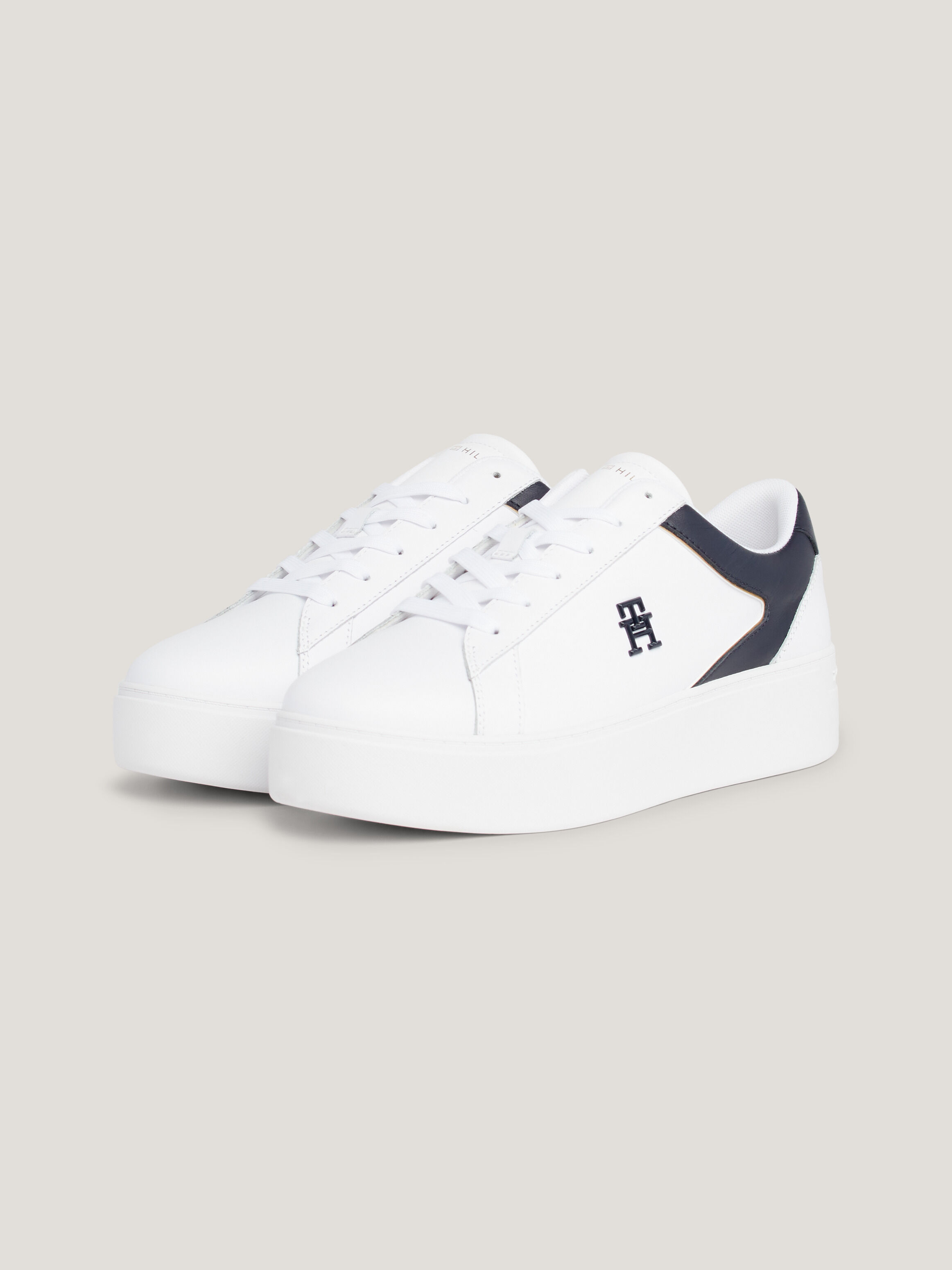 Leather Platform Court Trainers White/Space Blue