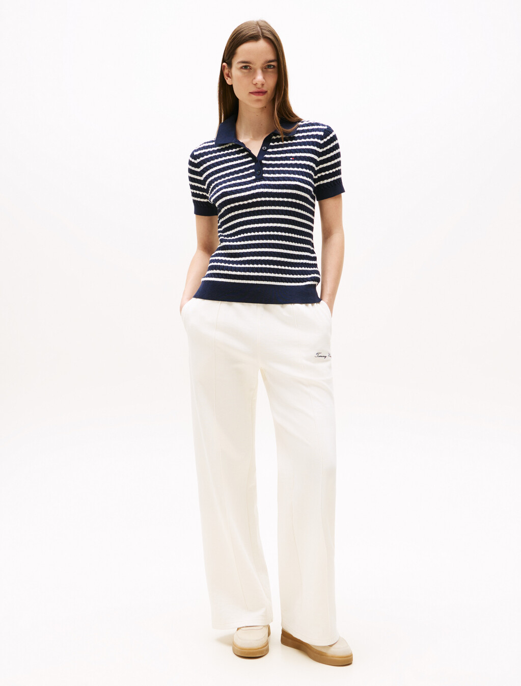 Cable Knit Polo Short Sleeve Jumper, Dark Night Navy/Ivory Silk Stp, hi-res
