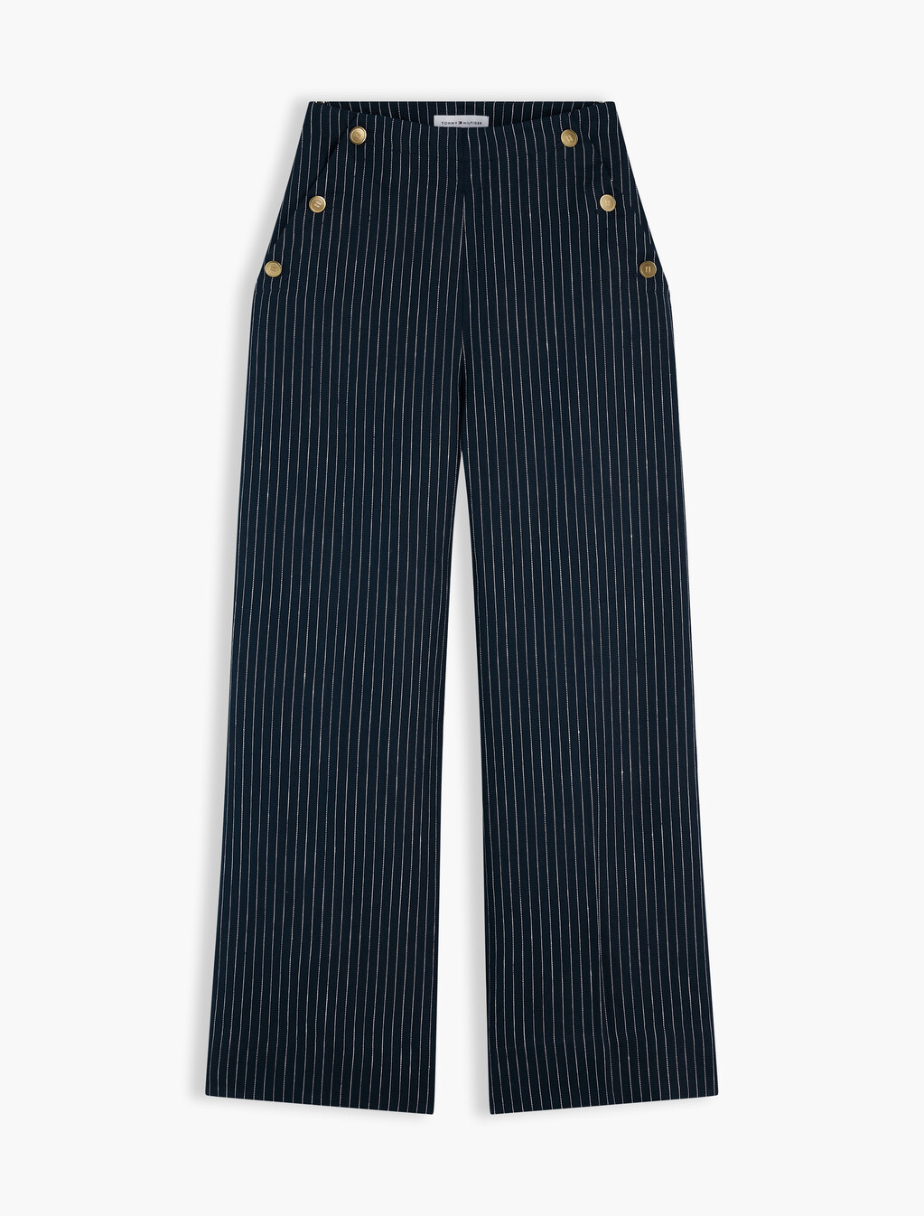 細條紋金色鈕扣寬筒亞麻混紡長褲, Pin Stripe Navy, hi-res
