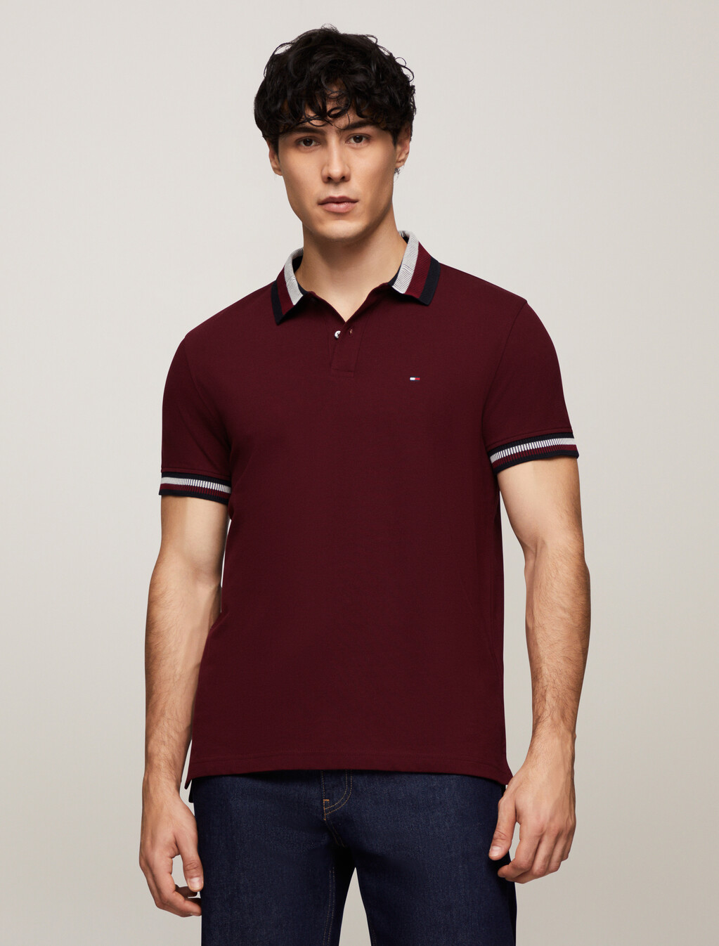 Stripe Collar Polo, Deep Rouge, hi-res