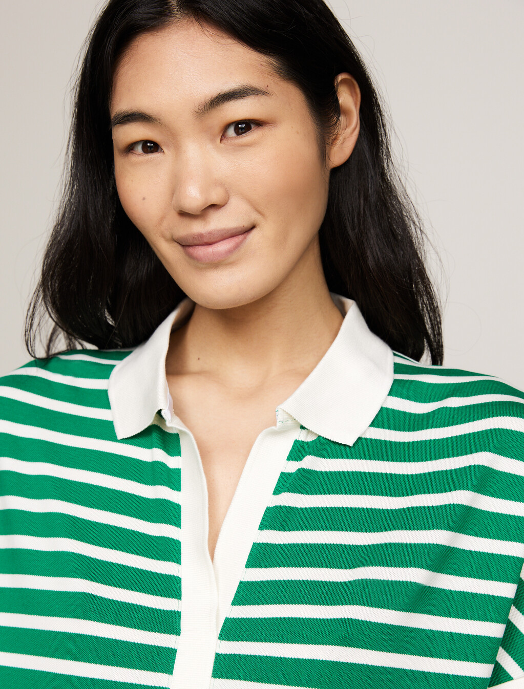 寬鬆萊賽爾條紋 Polo 衫, Breton Ecru/Olympic Green, hi-res