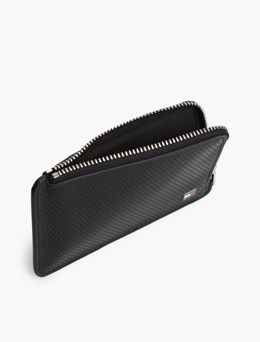 Perforated Leather Zip-Around Wallet, Black, hi-res