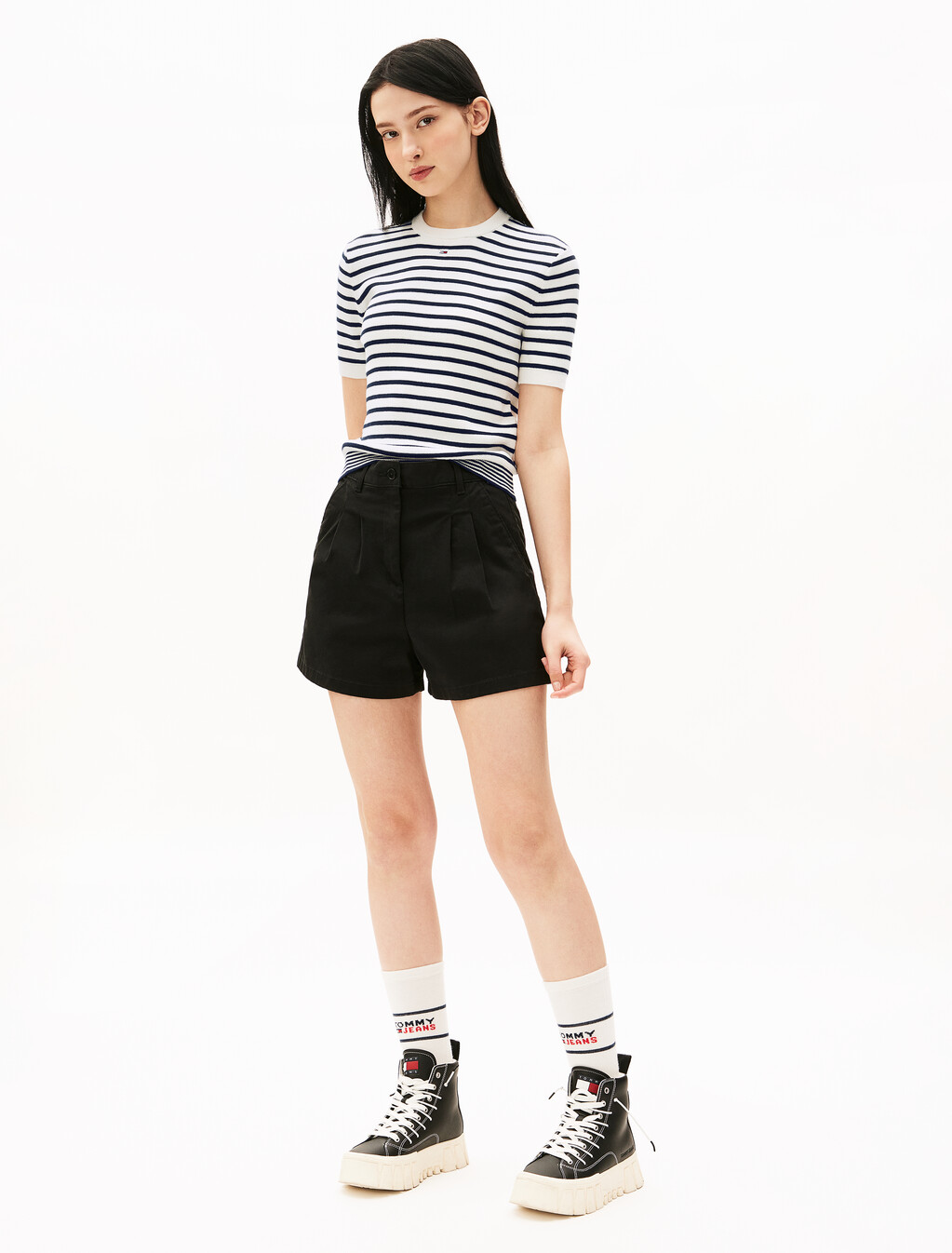 基本款條紋短袖毛衣, White/Navy Stripe, hi-res