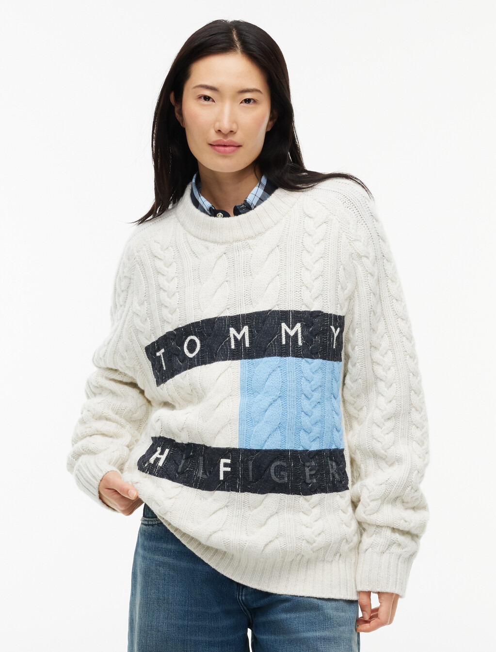 Wool Blend Cable Knit Jumper, Ecru / Well Water, hi-res