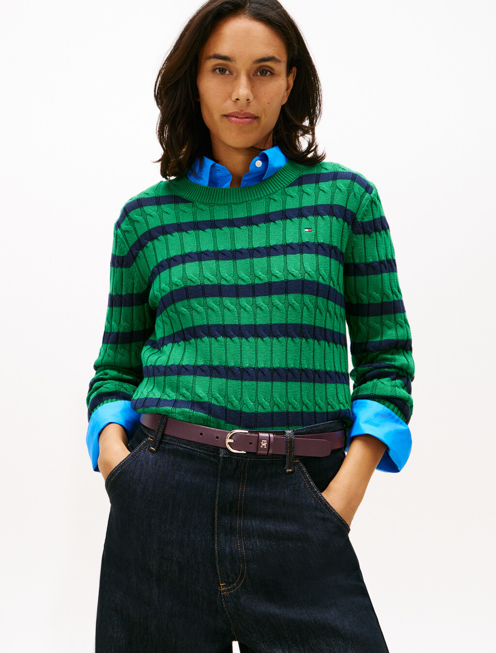 絞花針織圓領上衣, Nouveau Green/Navy Breton Stp, hi-res
