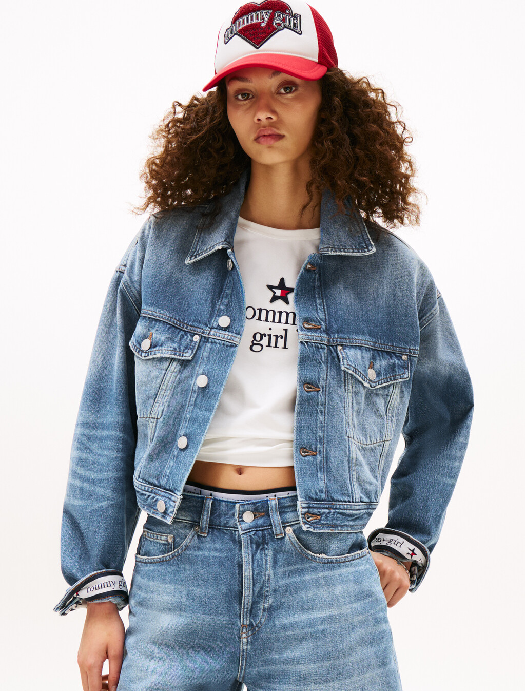 Tommy Girl 後背標誌短版超寬鬆牛仔外套, Indigo Wash, hi-res