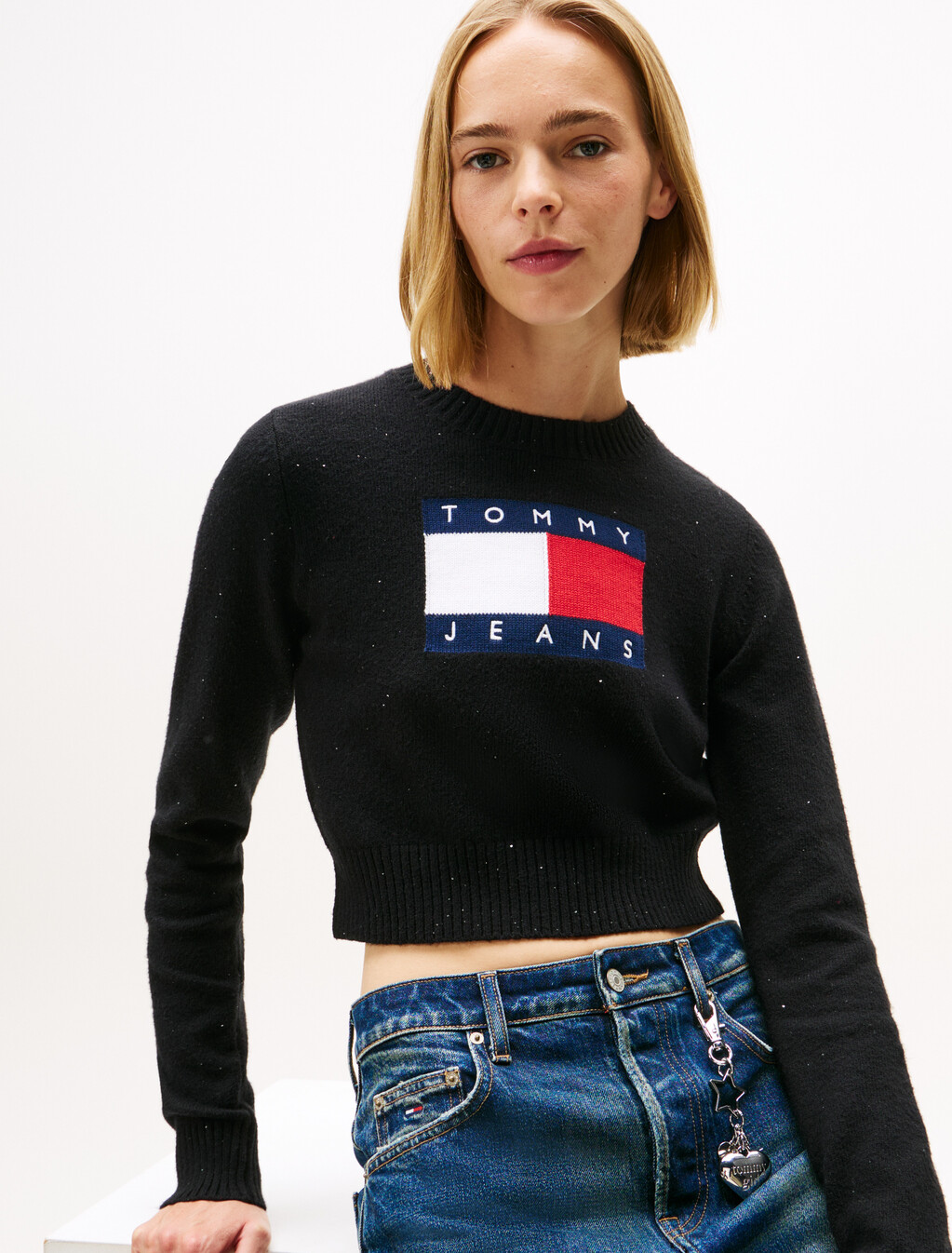 Tommy Flag Sequin Slim Jumper, Black, hi-res