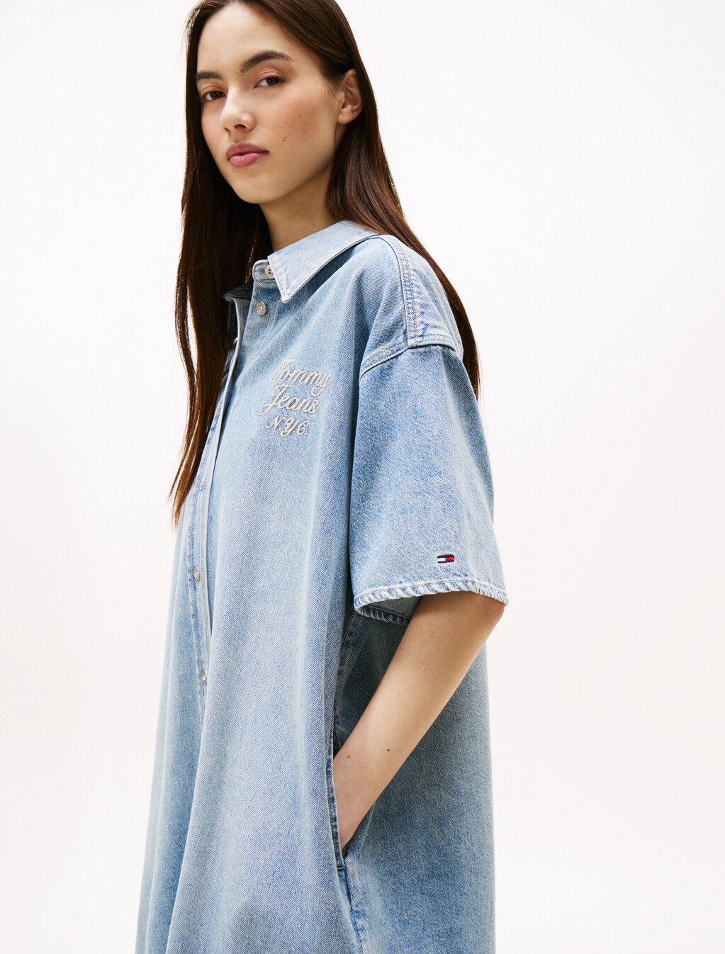 寬版中長牛仔襯衫式洋裝, Denim Light, hi-res