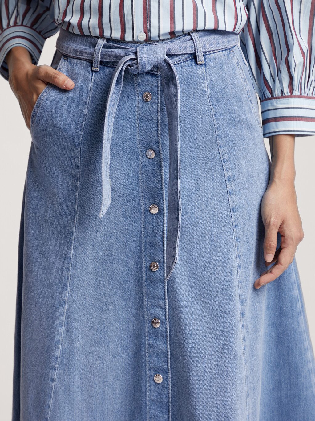 Belted Fit And Flare Denim Midi Skirt, Ava, hi-res