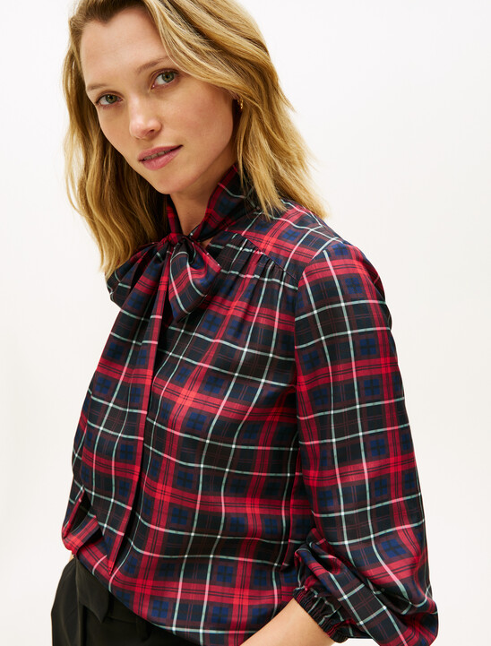 Tartan Crepe Bow Collar Blouse