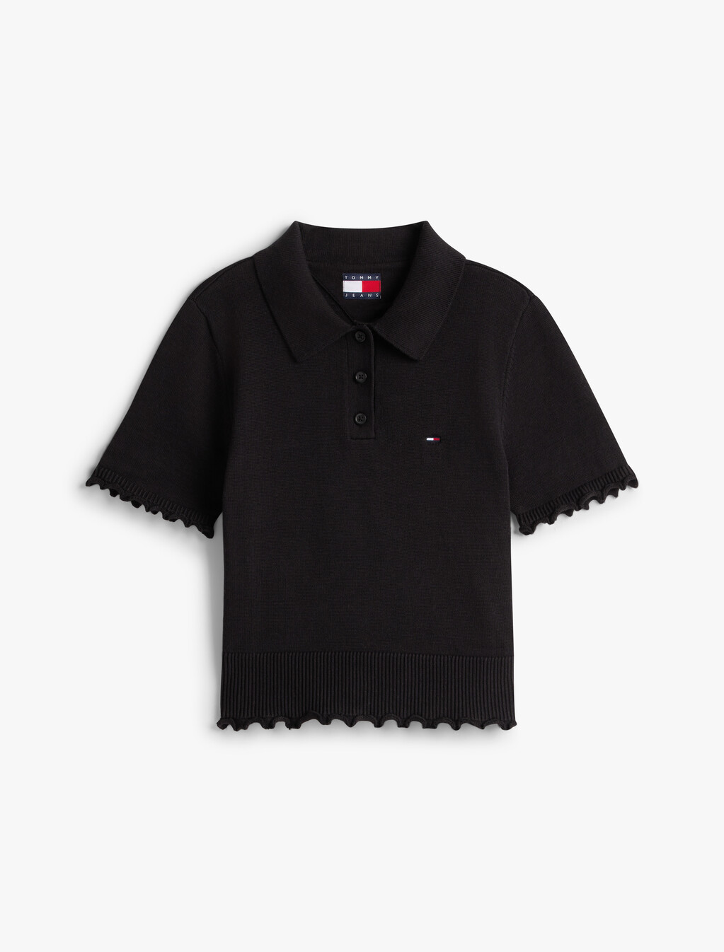 波浪飾邊針織 Polo 衫, Black, hi-res