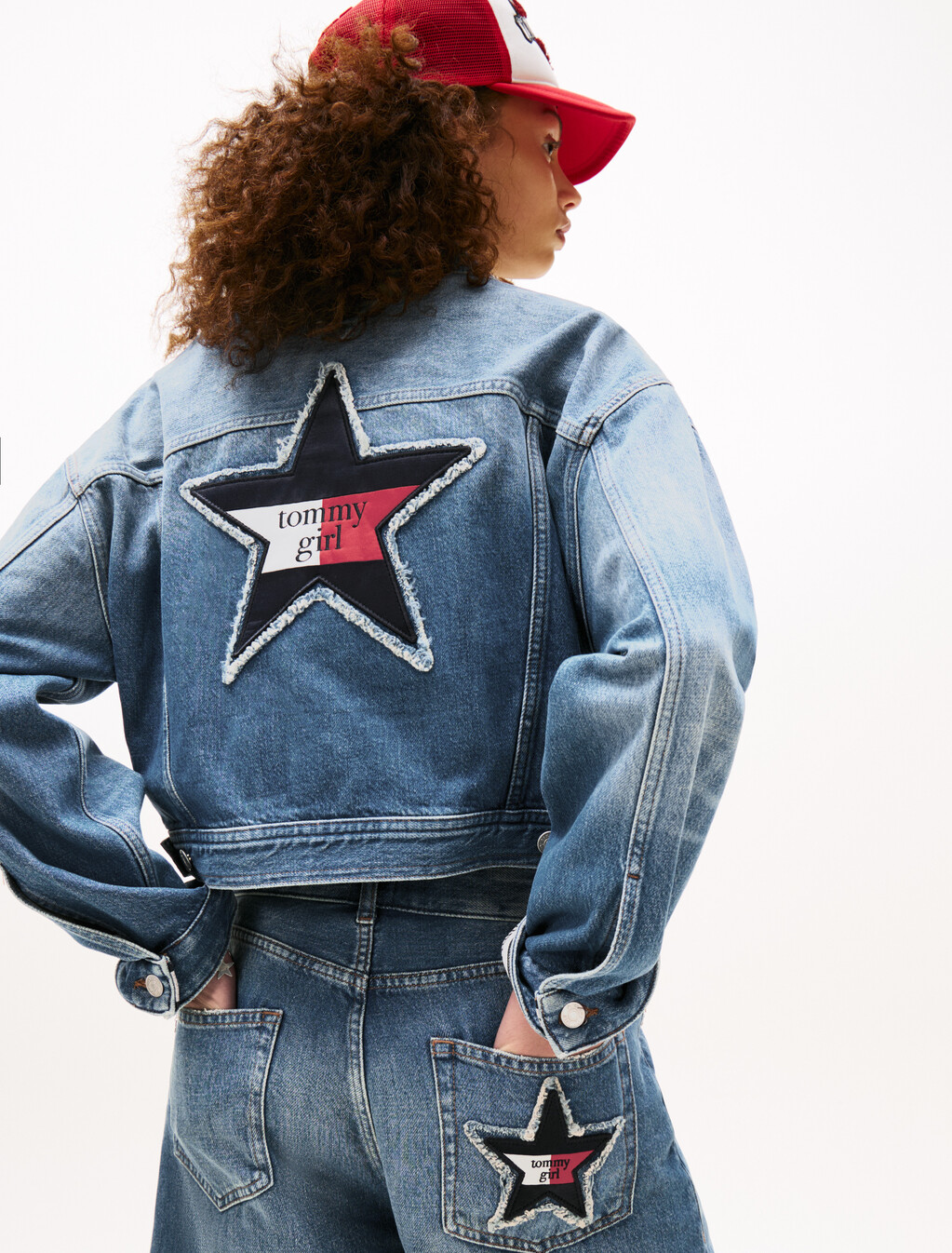 Tommy Girl 後背標誌短版超寬鬆牛仔外套, Indigo Wash, hi-res
