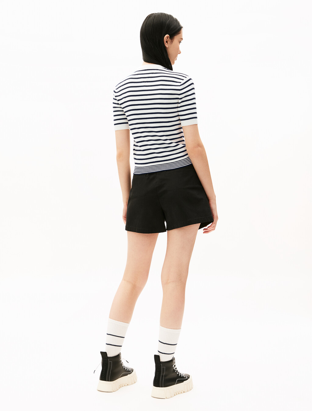 基本款條紋短袖毛衣, White/Navy Stripe, hi-res