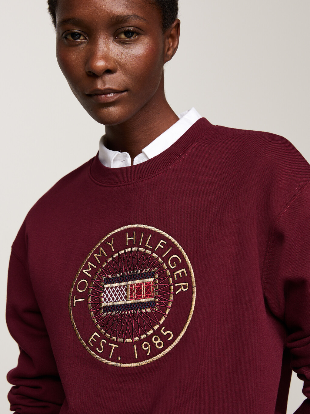 Logo Embroidery Crew Neck Sweatshirt, Deep Rouge, hi-res