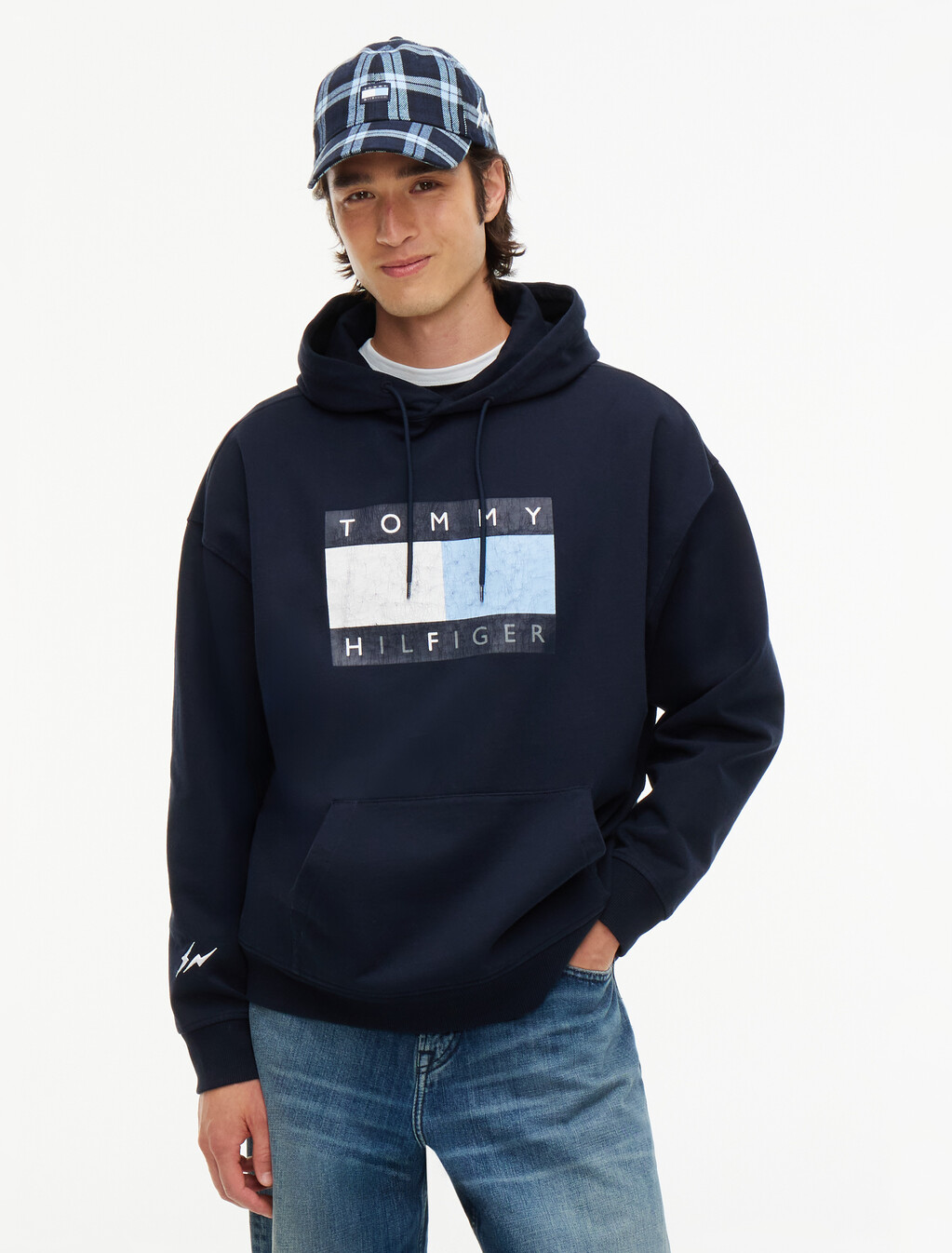 水洗旗幟標誌抓絨寬版連帽運動衫, Navy Blue, hi-res