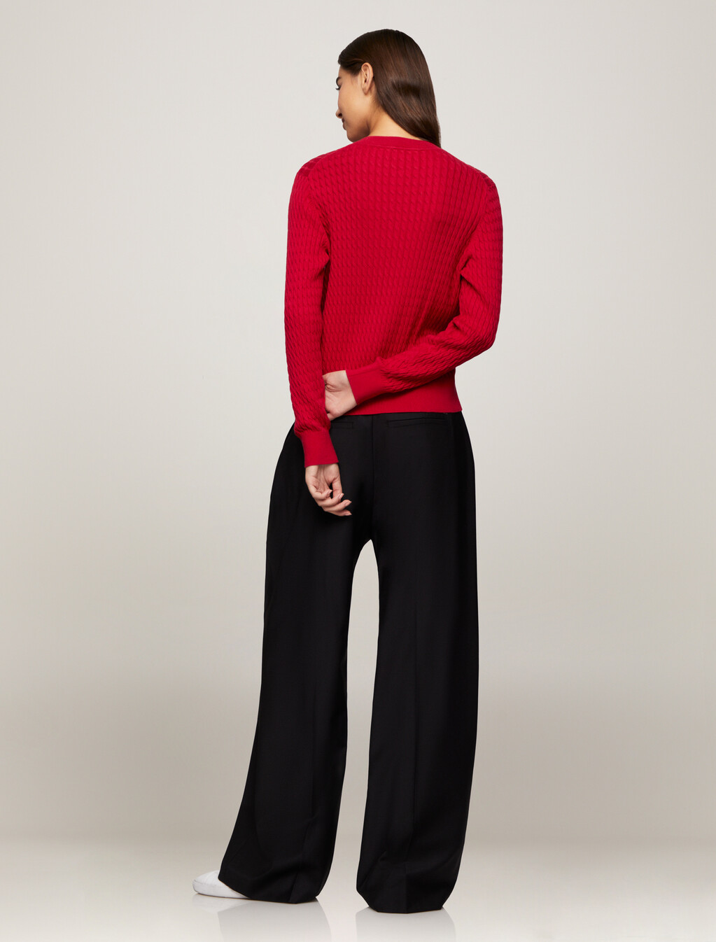 Cable Knit Crew Neck Cardigan, Primary Red, hi-res