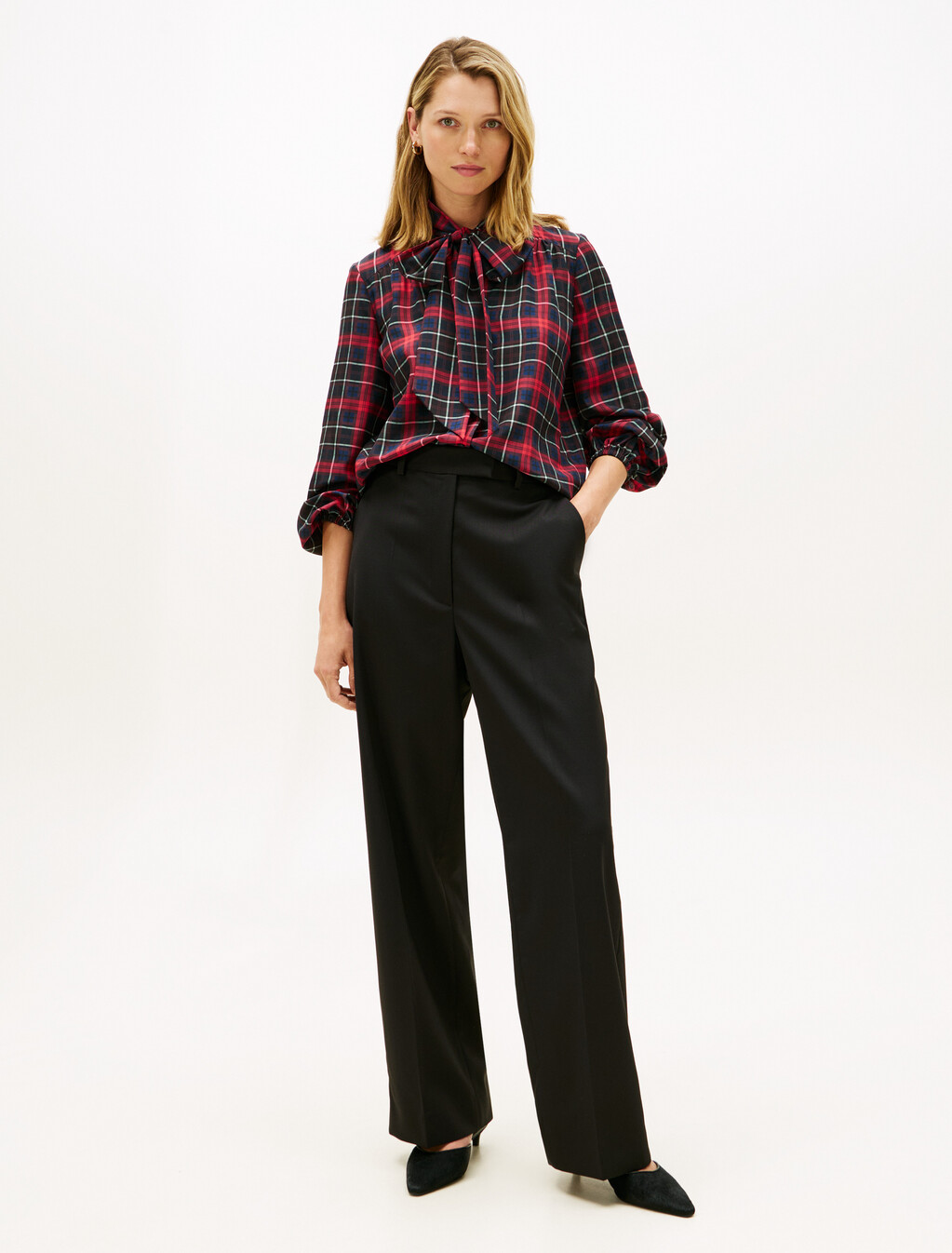 格紋縐紗蝴蝶結領襯衫, Dark Tartan Dark Night Navy, hi-res