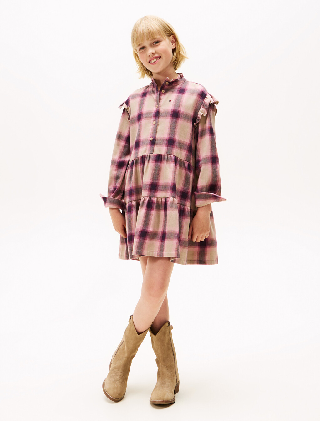 Ruffle Flannel Check Relaxed Shirt Dress, Malted Milk Aop, hi-res